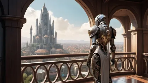 Prompt: a slender warforged automaton stands with back to camera on a large round balcony with a solid railing looking out over a fantasy city paradise during the age of arcanum 