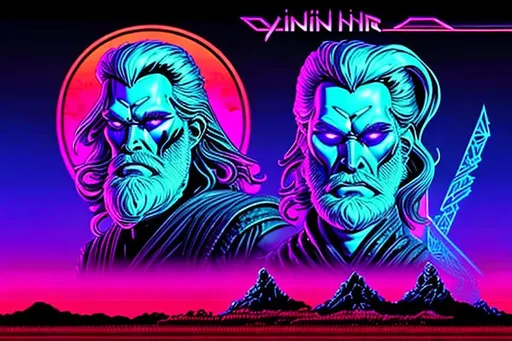 Prompt: Synthwave Odin the Allfather, chieftan of the gods. 