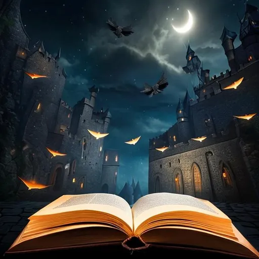 Prompt: Flying books in a dark castle, magic, dark, night