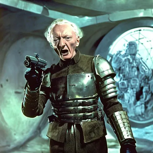 Prompt: A 28 year old William Hartnell shouting angrily wearing an armored futuristic scifi military uniform and holding an advanced exotic shotgun in full color