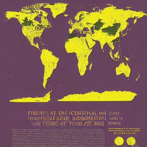 Prompt: Create 1960s minimal map that looks like a poster about climate change and environmental propaganda. The colors should be yellow and purple vintage colors commonly used in the 1920s add in environmental disaster in a minimal background manner