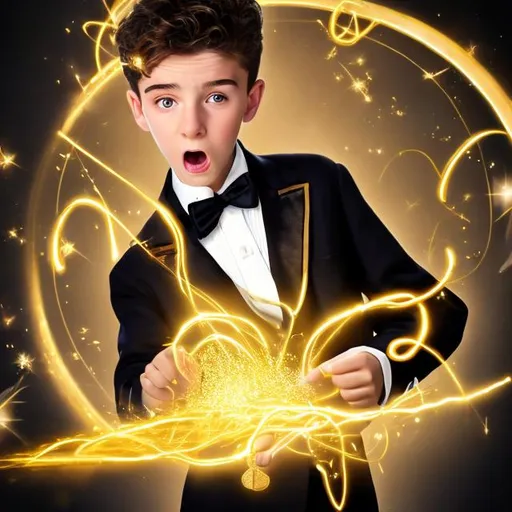 Prompt: 16 year old boy magician boy in a tuxedo casting a spell with his magic wand on in a polo scared and surprised at the gold sparkly magic spell flying straight at him