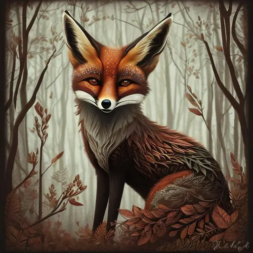 Prompt: "forest fox, lace brown leaves, white background, surreal, detailed, christian schloe"