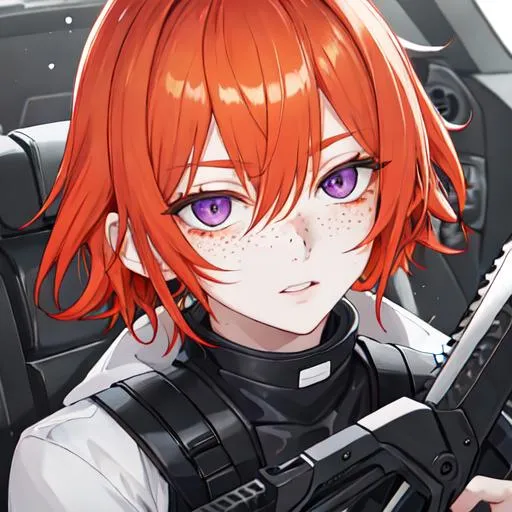 Prompt: Erikku male (short ginger hair, freckles, right eye blue left eye purple) UHD, 8K, Highly detailed, insane detail, best quality, high quality, holding a chainsaw