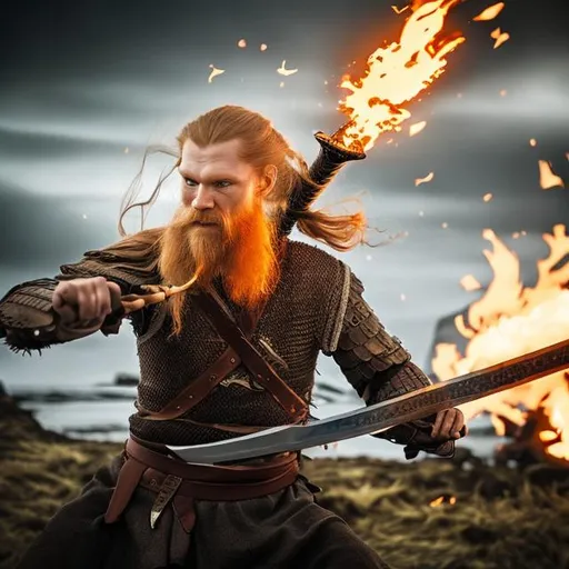 Prompt: skinny icelandic viking with ginger long hair and beard in battle with sword in hand
