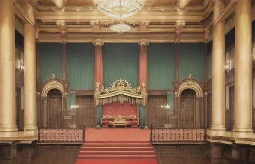Prompt: Grand Hall inside of a palace Spanish classical architecture with a gilded throne in the center. Anime art style. Warmer color scheme. Beautiful. Wooden and bamboo. Banners. Busy. Ghibli anime style. Very colorful and vibrant