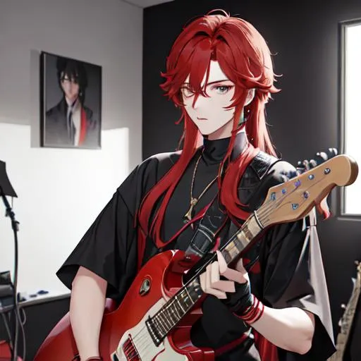 Prompt: Zerif 1male (Red side-swept hair covering his right eye) getting ready for his concert in the dressing room, looking very nervous, guitar propped up on the wall next to him, UHD, 8K, highly detailed