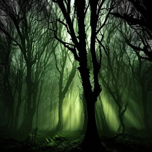 Prompt: a holy glade of light in the middle of the dark and wicked forest. spooky and beautiful
