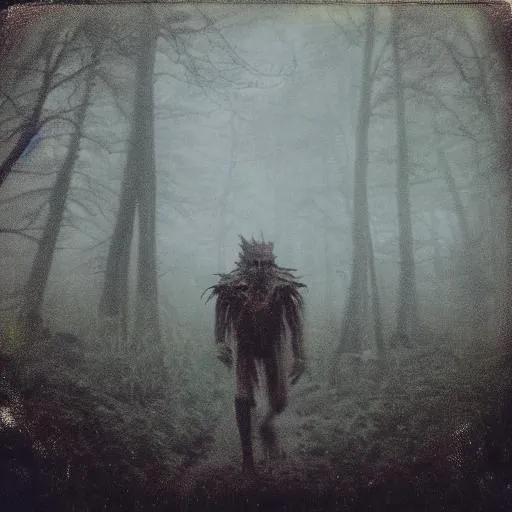 Prompt: eerie humanoid creature roaming a eerie wonderland, grainy polaroid, early technicolour image, photorealistic, Blurry, running at you, in the fog