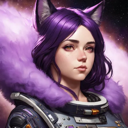 Prompt: Portrait of a furry with purple hair and with cute face, space background, perfect composition, hyperrealistic, super detailed, 8k, high quality, trending art, trending on artstation, sharp focus, studio photo, intricate details, highly detailed, by greg rutkowski