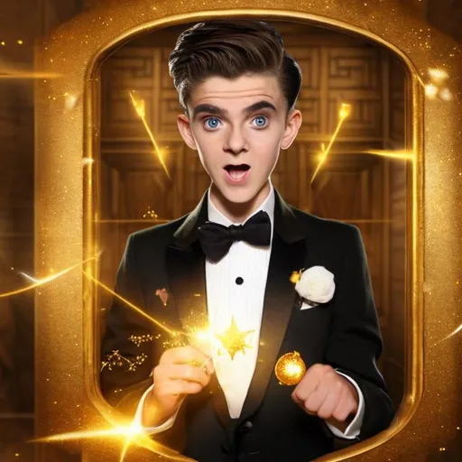 Prompt: 16 year old Magician boy in a tuxedo leaning over the top of a bathroom stall waving and pointing his magic wand into the stall casting a spell causing gold sparkly magic to fly into and happen inside the stall