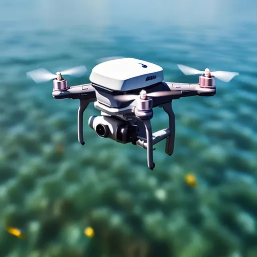 Prompt: Flying drone with fish radar over open water