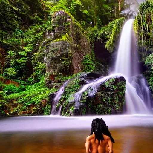 Prompt: Breathtaking photo, kawaii in spring, a vivid detailed muscular Rastaman with black dreadlocks standing looking into the distance, a beautiful waterfall, (((16:9 4k wallpaper))), serene, photorealism, Chromatic aberration, lens distortion, sharp focus, cinematography, dramatic foreground framing, Rule of thirds, Leading lines, negative space