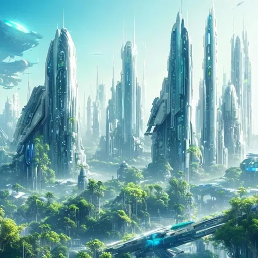 Prompt: Futuristic City White Tall Towers Lush Green Overgrown Plants Light Blue Sky High with many big white spaceships