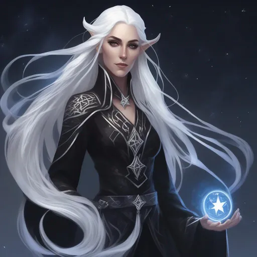Prompt: dnd a elven woman with long flowing silver hair and glowing white eyes wearing black robes with star patterns  