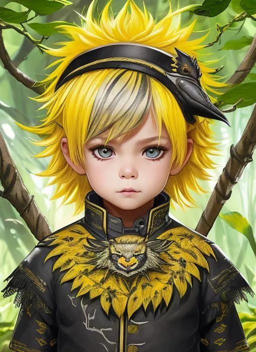 Prompt: Little boy in animal skin, yellow hair and cute face, in primeval forest, perfect composition, surreal, super detailed, 8k, high quality, trending art, art station trending, sharp focus, studio photos, intricate details, highly detailed, demon hunter web drama style, netflix web drama quality