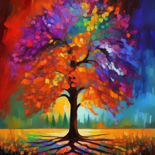 Prompt: Tree of life, high resolution, fall, colorful, modern , wide scene, oil pallet, knife style 