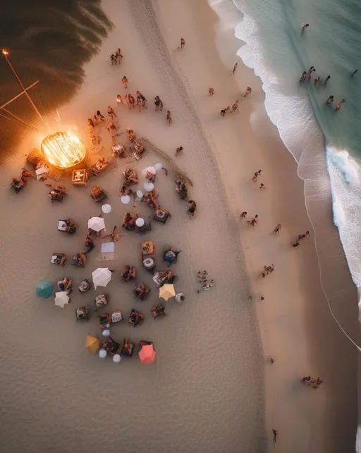 Prompt: A lively aerial shot of a beach party at dusk with bonfires and lanterns scattered across the sand. Groups of friends dance together while waves crash gently along the shoreline behind them. The scene is illuminated by the warm light of the setting sun blending with the cooler light of the rising moon. Shot with a DJI Mavic 3 drone using a wide angle lens to capture the scope. The mood is carefree summertime joy. In the style of José Luis Ruiz.