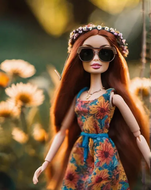 Prompt: A hippie Barbie doll with long straight auburn hair, woven headband, retro aviator glasses, and bohemian dress. Posed candidly outdoors amidst flowers and foliage during golden hour, shot with a Fujifilm X-T4 and 56mm lens.