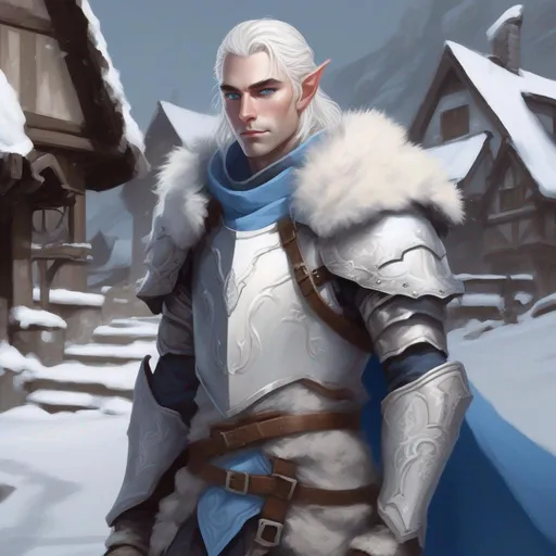 Prompt: DND a pale male elf with medium length wavy white hair and pale blue eyes wearing plate armor in a snowy village