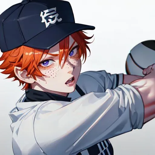 Prompt: Erikku male (short ginger hair, freckles, right eye blue left eye purple) muscular, UHD, 8K, Highly detailed, insane detail, best quality, high quality. wearing a sideways baseball cap, streetwear