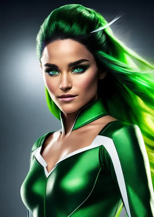 Prompt: High-resolution hyperrealistic photo of x-man rogue merged with polaris lorna dane, white streak in hair, green and gold and white costume, uhd, hdr, 64k