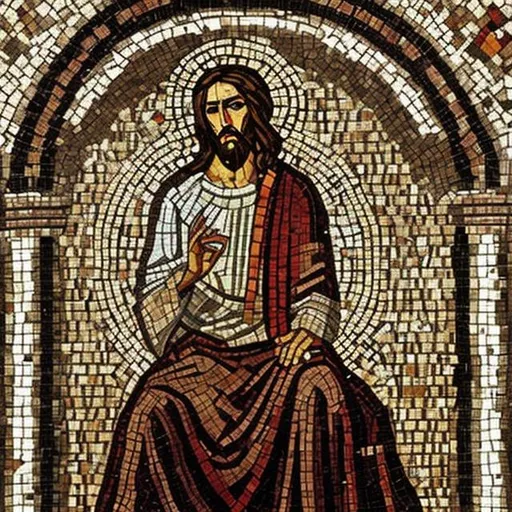 Prompt: Jesus Christ in a modern mosaic made with ancient techniques. The mosaic has been made by a sicilian artist

