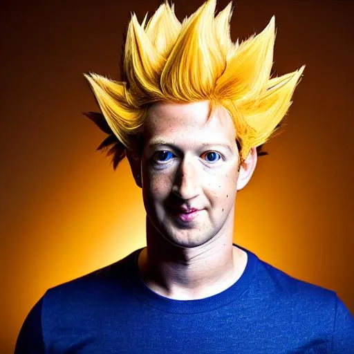 Prompt: photo realistic portrait of ((Mark Zuckerberg)) cosplaying as Super Saiyan Goku from Dragon Ball Z: Kai, yellow hair, orange Goku outfit, glowing blue eyes, awkward, breathtaking, centered in frame, facing camera, symmetrical face, ideal human, 85mm lens,f8, photography, ultra details, natural light, light background, photo, Studio lighting