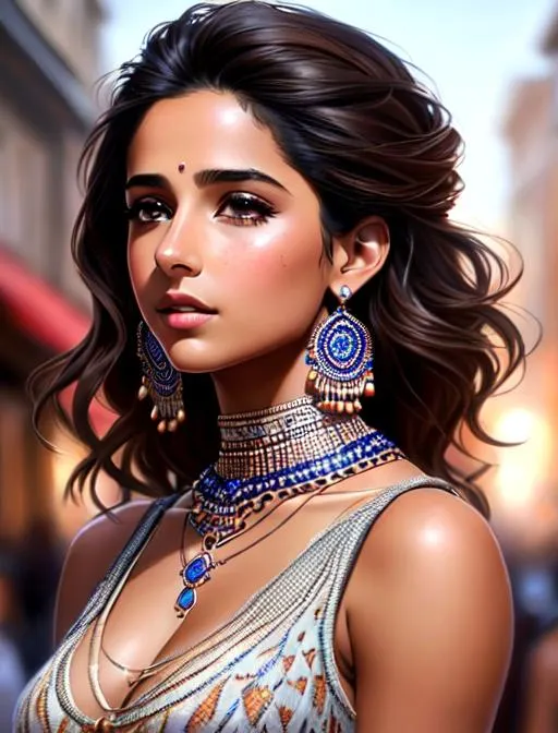 Prompt:  Naomi Scott singing, sleeveless, brown hair, brown eyes, in crowded town center, wearing tribal cueitl, ethereal, sad, jewelry set balayage wild hair, royal vibe, highly detailed, highly detailed face, digital painting, Trending on artstation , HD quality, tan skin,artgerm,  by Ilya Kuvshinov 