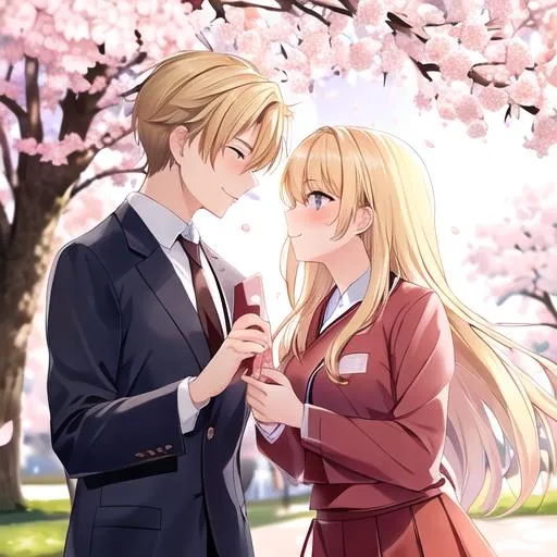 Prompt: Caleb and (Haley, blonde hair,  wearing a Japanese school uniform) on a date at the park, kissing, under the cherry blossom trees
