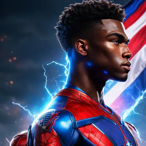 Prompt: High resolution hyperrealistic dynamic image of young avenger patriot-eli-bradley merged with miles-morales, symmetrical detailed photorealistic face, red and white and blue costume highly detailed, cinematic, uhd, hdr, 64k