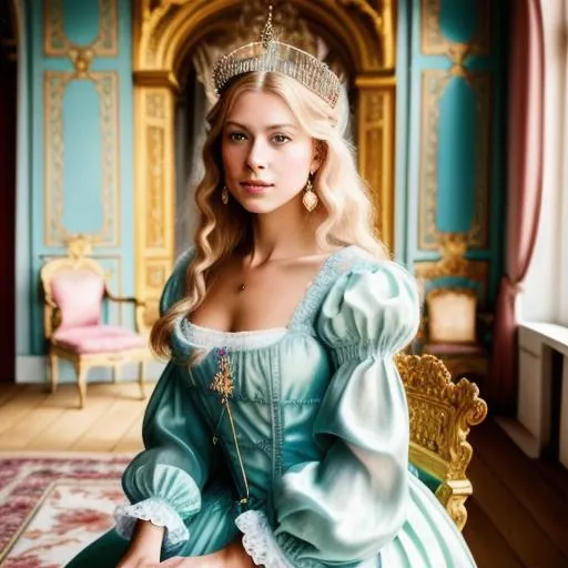 Prompt: Photo of a beautiful 28 years old Russian blond woman, she is sitting on the throne in her dress of a french princess. A crown on his head. The most magnificent room of the palace, 16th century french style wall paints, 16th century french style furniture, pastel colors, baroque, her gaze reflects her loneliness. HDR, UHD, 64K,  highly detailed, professional, trending on artstation, cinematic