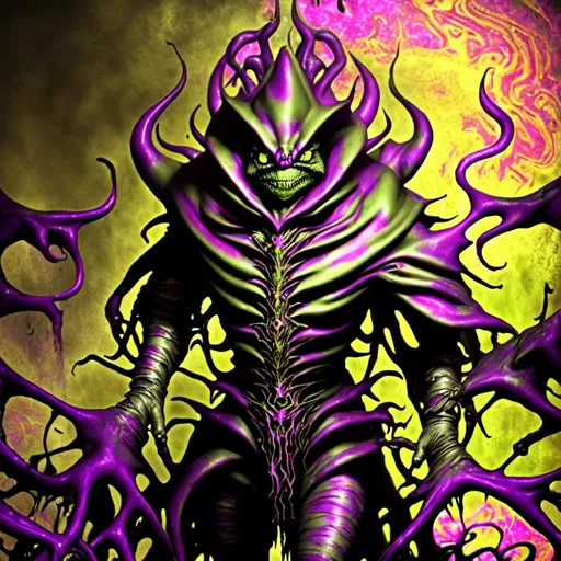 Prompt: Horror, Scary, Ominous, Sinister, freeform dark chaos epic bold, 3D, HD, {one}({liquid metal {Frog}Wizard} with {purple gold pink green red silver blood}ink), expansive psychedelic background --s99500