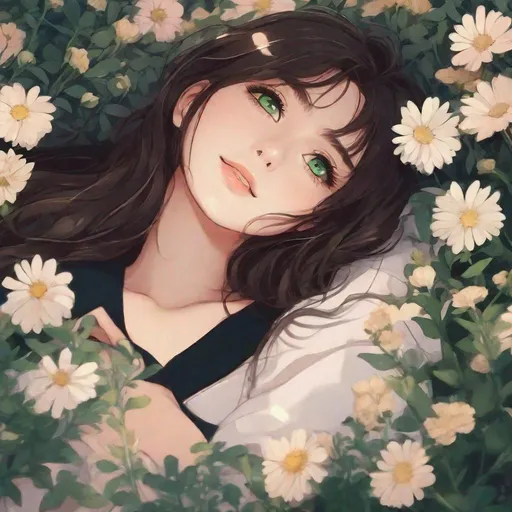Prompt: close up shot, anime, girl, lying in a bed of flowers, headshot, deliriously happy, midnight, moonlight, dreamy filter, brunette, green eyes, black turtleneck