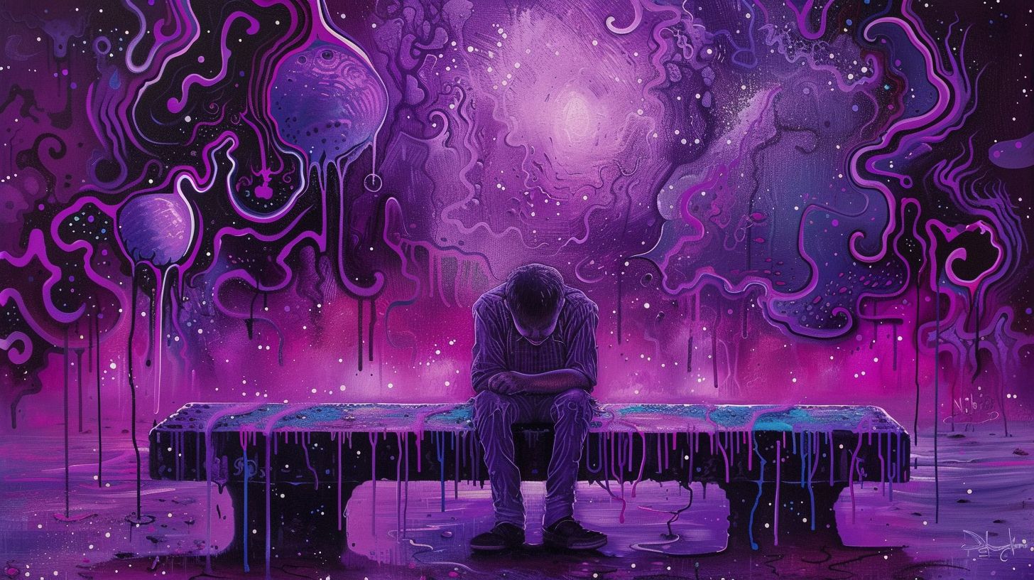 Prompt: a painting of a person sitting on a bench with a purple background and dripping paint on it, with a purple background, Dan Mumford, psychedelic art, josan gonzales and dan mumford, poster art