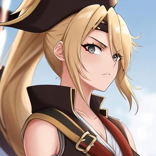 Prompt: Female pirate, (blonde hair pulled back into a ponytail) ,UHD, 8K, insane detail, best quality, high quality,  pirate, wearing an eye patch, fierce, friendly, pirate hat, highly detailed, anime style, standing on a pirate ship