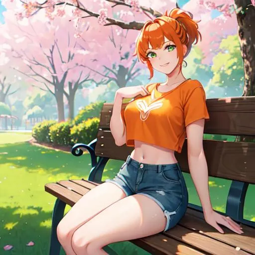 Prompt: a woman sitting on a park bench smiling, (huge chest:1.5), orange ponytail, short bangs, (green eyes:1.4), solo, lush grass, public park, trees, shorts, short t-shirt, midriff, masterpiece, five fingers per hand