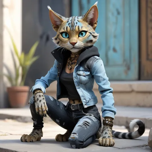 Prompt:  Tabaxi wearing acid-washed Jeans, colors are shades of black and Light blue, looking like a bad girl, best quality, masterpiece