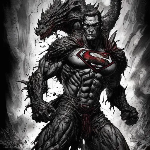 Prompt: Todd McFarlane Superman dragon humanoid variant. muscular. dark gritty with some colour. Bloody. Hurt. Damaged. Accurate. realistic. evil eyes. Slow exposure. Detailed. Dirty. Dark and gritty. Post-apocalyptic. Shadows. Sinister. Intense. 