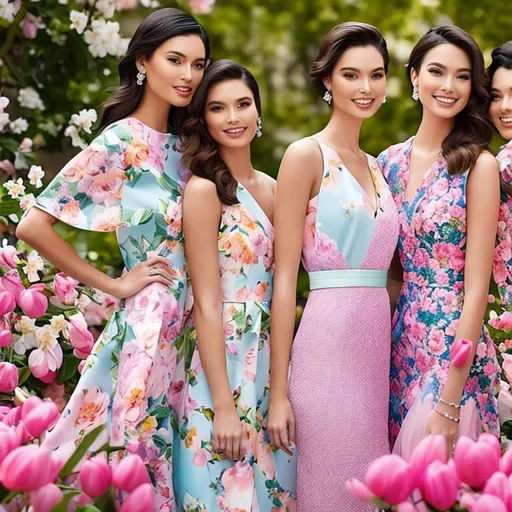 Prompt: Capture the freshness of spring in Cambridge as models showcase dresses inspired by vibrant florals and pastel hues. The runway, set against the backdrop of charming college buildings and meandering rivers, paints a picture of youthful elegance and blossoming beauty