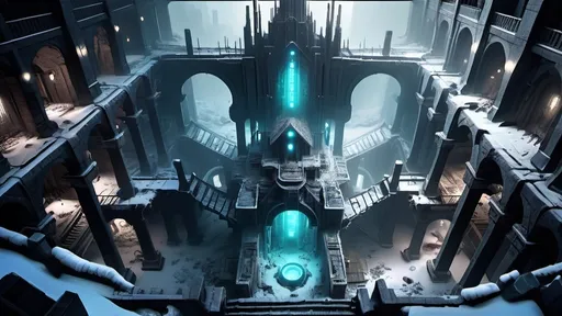 Prompt: very dark, complete darkness, huge underground cavern, ruins of a frosty fantasy city, robot city, aerial view, view from above, top-down view, thick pylons, blackened wreckage, scattered debris, dead trees, snowy, frozen, snow covered, large obelisks, archways, eerie green lights, glowing blue sconces, glowing maroon sconces, ancient aztec architecture, polygonal buildings, polygonal shapes, shattered domes, broken buildings, crumbled buildings, broken aqueducts, cold lighting, magical lighting, fantasy lighting, hyper realistic, highly detailed, somber mood, desolation of cybertron, exposed floors, exposed rooms, brent metal struts, exposed rebar, exposed wiring, exposed sewer system, futuristic cyberpunk tech-noir setting, robotic city, interconnected buildings, devastated infrastructure, loose wiring, busted pipes, broken spires, multiple levels, gloom, bioluminescent lichen, no vegetation