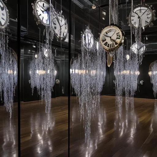 Prompt: A thought-provoking installation artwork embodying the phrase "Why should I wake when I'm half past dead?" with a large, broken clock suspended in mid-air, the hands frozen at a significant moment, surrounded by mirrors reflecting distorted images, inviting viewers to reflect on the passing of time and mortality.