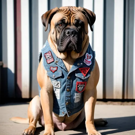 Prompt: Bullmastiff wearing a heavy metal music denim vest with patches