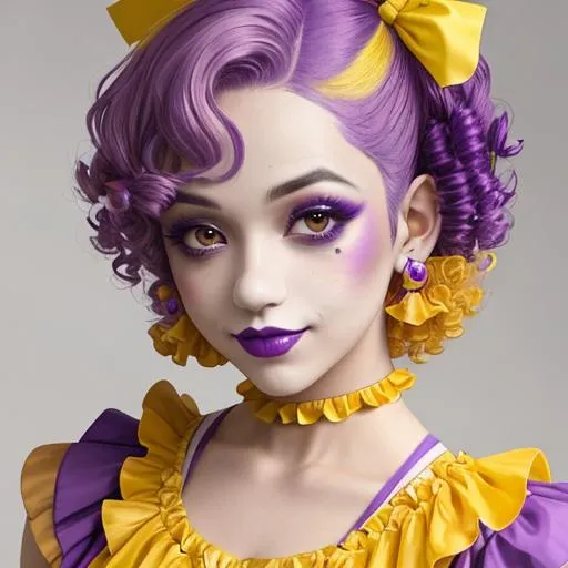 Prompt: A pretty female clown wearing purple and yellow, short curly purple hair, cute clown makeup, wearing a yellow hair ribbon, facial closeup