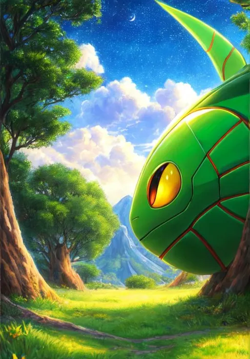 Prompt: UHD, , 8k,  oil painting, Anime,  Very detailed, zoomed out view of character, HD, High Quality, Anime, , Pokemon, Metapod is an medium insect Pokémon that resembles a green chrysalis. Its body is crescent-shaped with several segments making up the lower point. The front of Metapod's shell resembles a face with heavy-lidded eyes and a sharply pointed nose. The back of its shell consists of several geometrically shaped portions and projections.

Metapod's soft body is protected by a hard outer shell as it undergoes metamorphosis. While this shell is said to be as hard as steel, a sudden, powerful impact could cause its liquid innards to pop out, leaving it completely exposed. Metapod generally remains motionless, rebuilding its cells for evolution. If an enemy discovers Metapod, it is unable to do anything other than harden its outer shell. Metapod lives in temperate forests and jungles, often in groups

Pokémon by Frank Frazetta