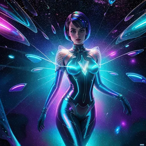 Prompt: dynamic full-body of transparent and translucent Margot Robbie with dark pixie cut hair surrounded by large drops of mercury floating in space, holographic, iridescent colors, emphasizing details, surreal aesthetic environment, holographic bright background, color lighting, cinematic lighting, powerful images in cyberpunk style