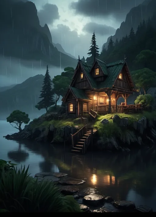 Prompt: Warhammer fantasy RPG style small cabin on island, dark mood, eerie atmosphere, rainy day, misty mountain backdrop, rustic wooden boat on the water, detailed stonework on cabin, lush greenery, ominous sky, high quality, RPG style, detailed cabin, misty mountain, tranquil, dark setting, rustic boat, atmospheric lighting, high resolution, realistic, natural tones