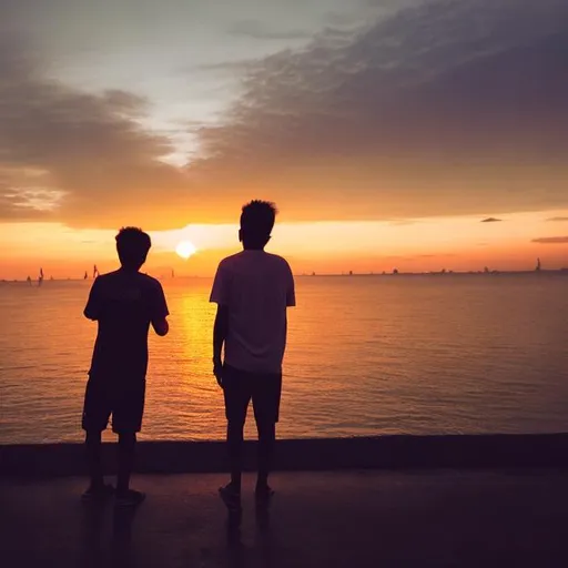 Prompt: Two bestfriends seeing sunset. Male friends. 