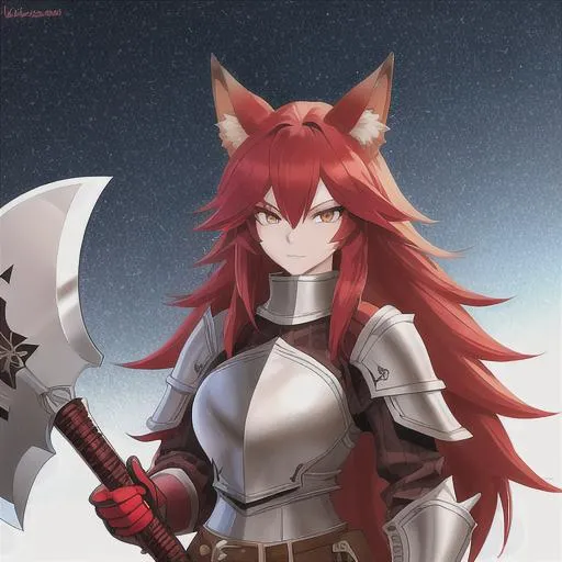 Prompt: A fox girl with red fur and hairs.
She wears a plate armor and Holds a great axe.
Smooth skin, well draw face and well draw hands 