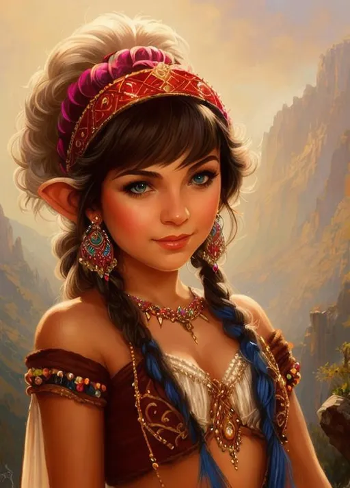 Prompt: beautiful halfling girl, white hair, blue eyes, pretty gypsy outfit, halter, beads, d & d, fantasy, intricate, elegant, highly detailed, digital painting, artstation, concept art, smooth, sharp focus, illustration, full body